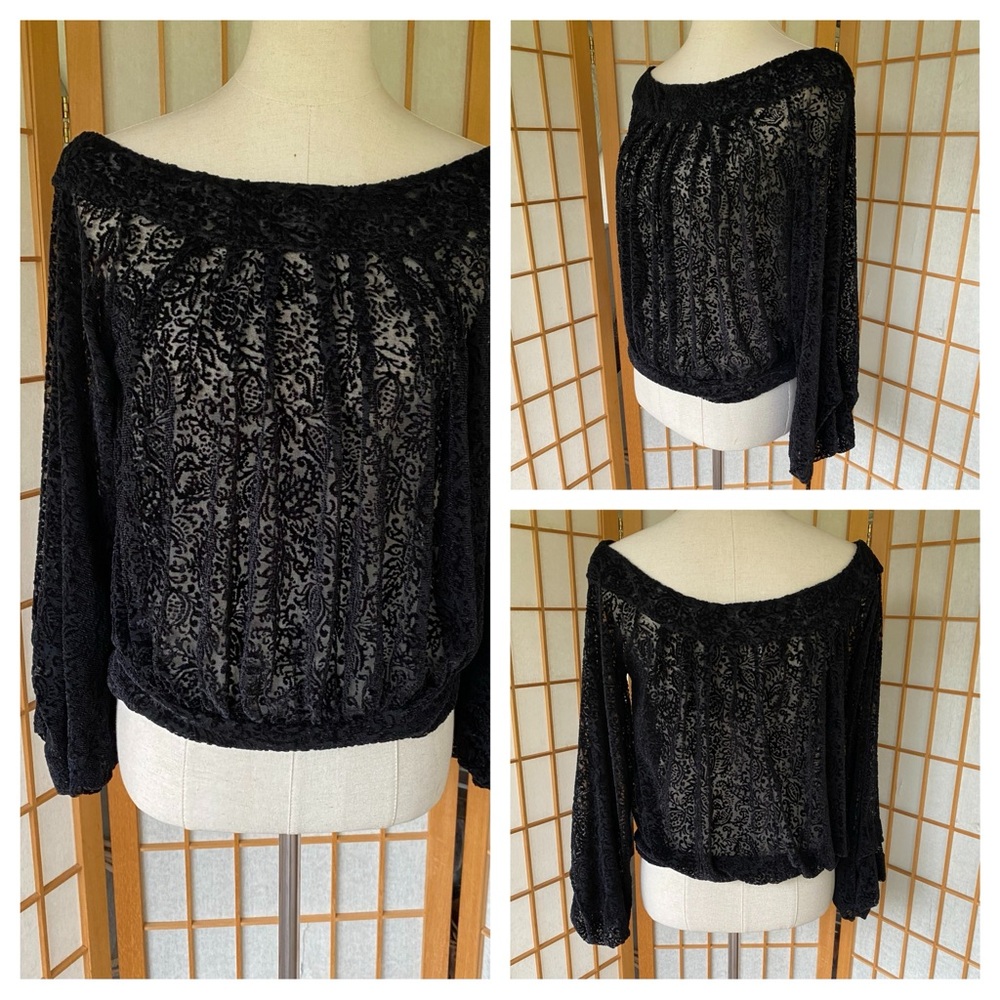 Free People Black Velvet Burnout Top SZ S